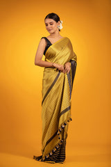 Mustard Yellow & Black Striped Handwoven Satin Silk Saree - Chinaya Banaras