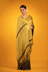 Mustard Yellow & Black Striped Handwoven Satin Silk Saree - Chinaya Banaras