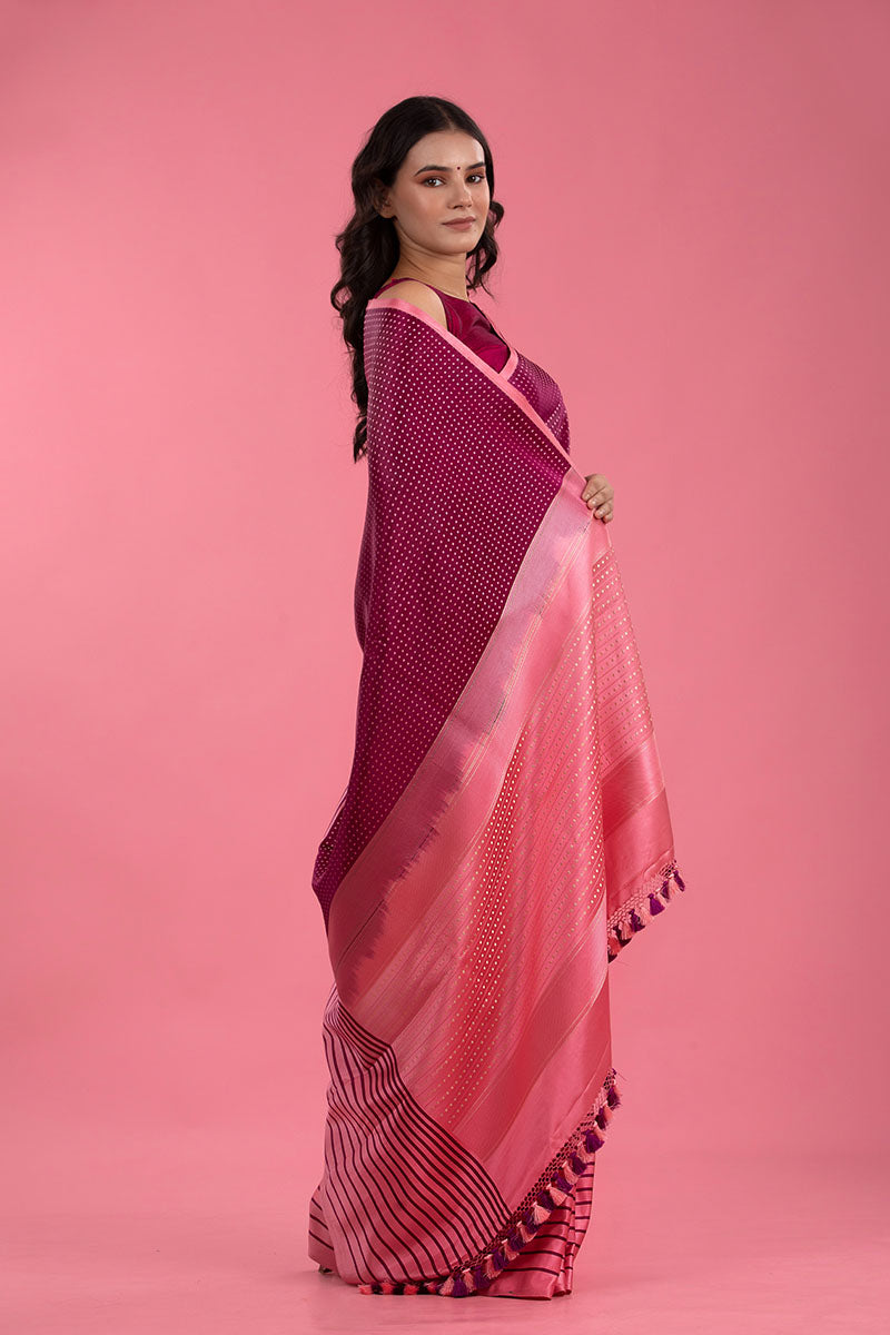 Maroon & Pink Striped Handwoven Satin Silk Saree