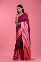 Maroon & Pink Striped Handwoven Satin Silk Saree - Chinaya Banaras