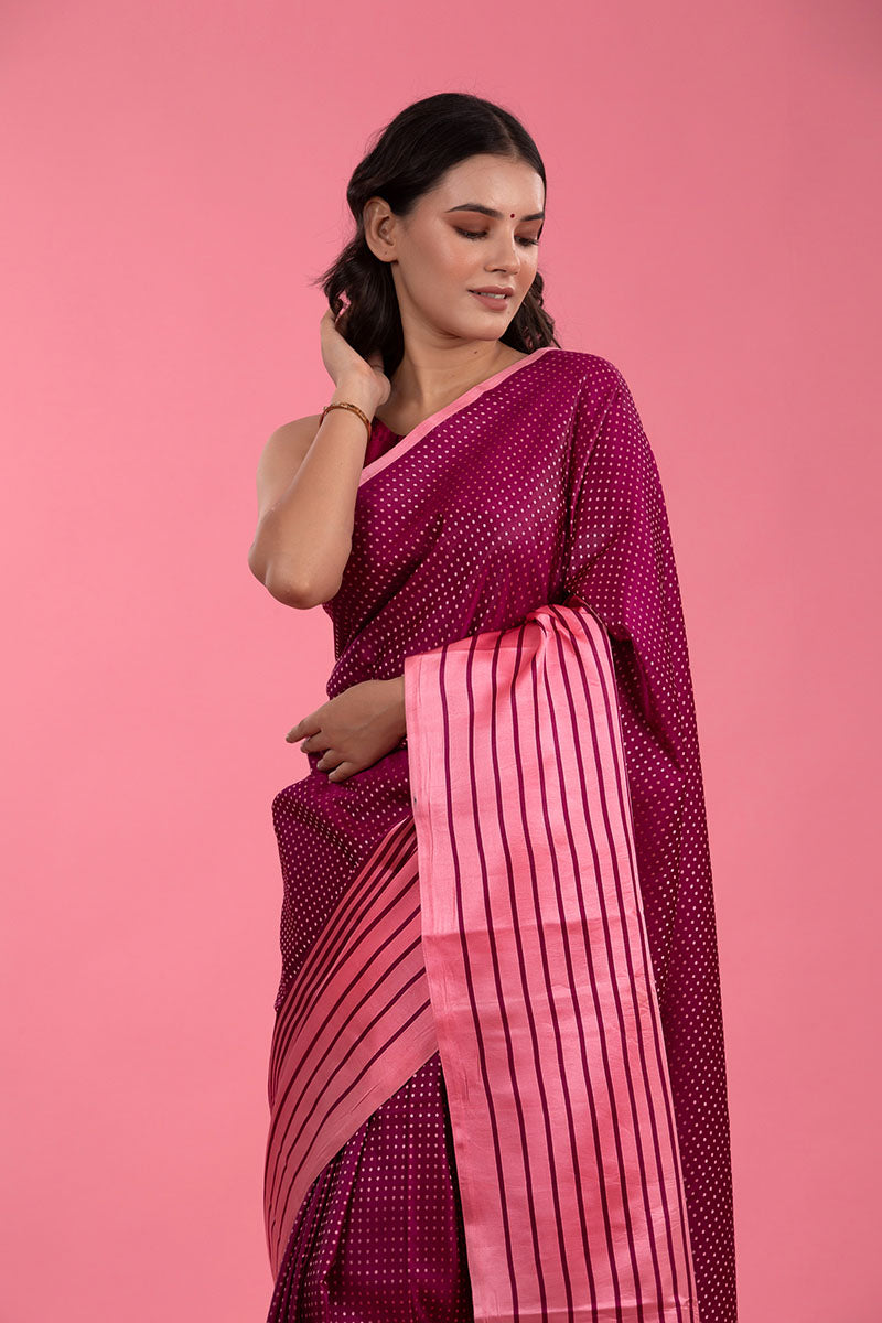 Maroon & Pink Striped Handwoven Satin Silk Saree - Chinaya Banaras