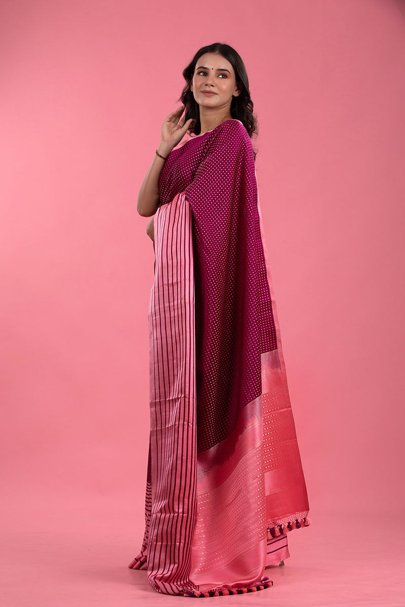 Maroon & Pink Striped Handwoven Satin Silk Saree - Chinaya Banaras