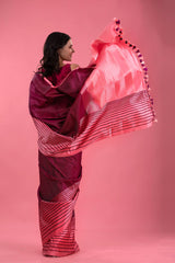 Maroon & Pink Striped Handwoven Satin Silk Saree - Chinaya Banaras