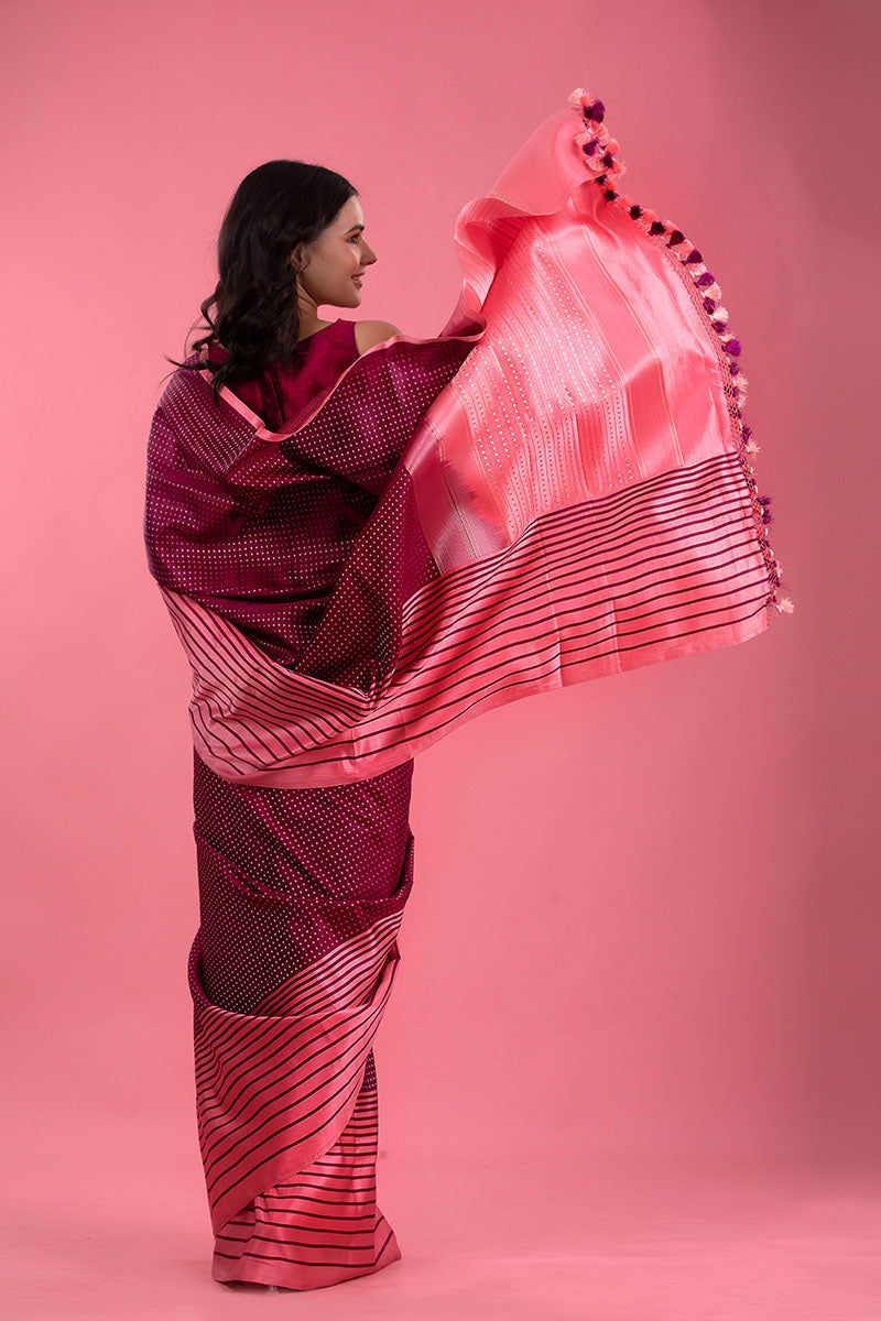 Maroon & Pink Striped Handwoven Satin Silk Saree - Chinaya Banaras