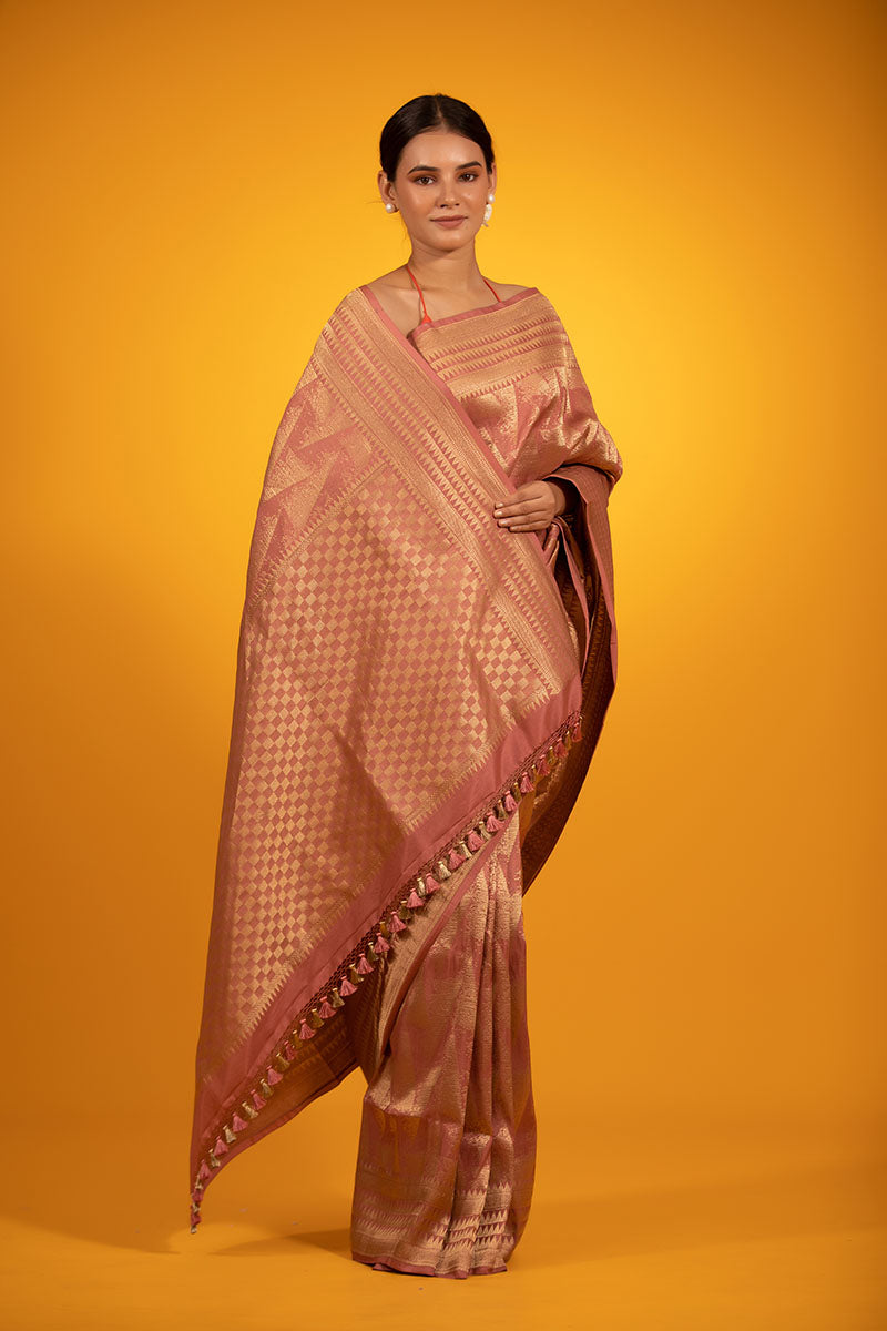 Rust Peach Geometrical Woven Katan Silk Saree - Chinaya Banaras