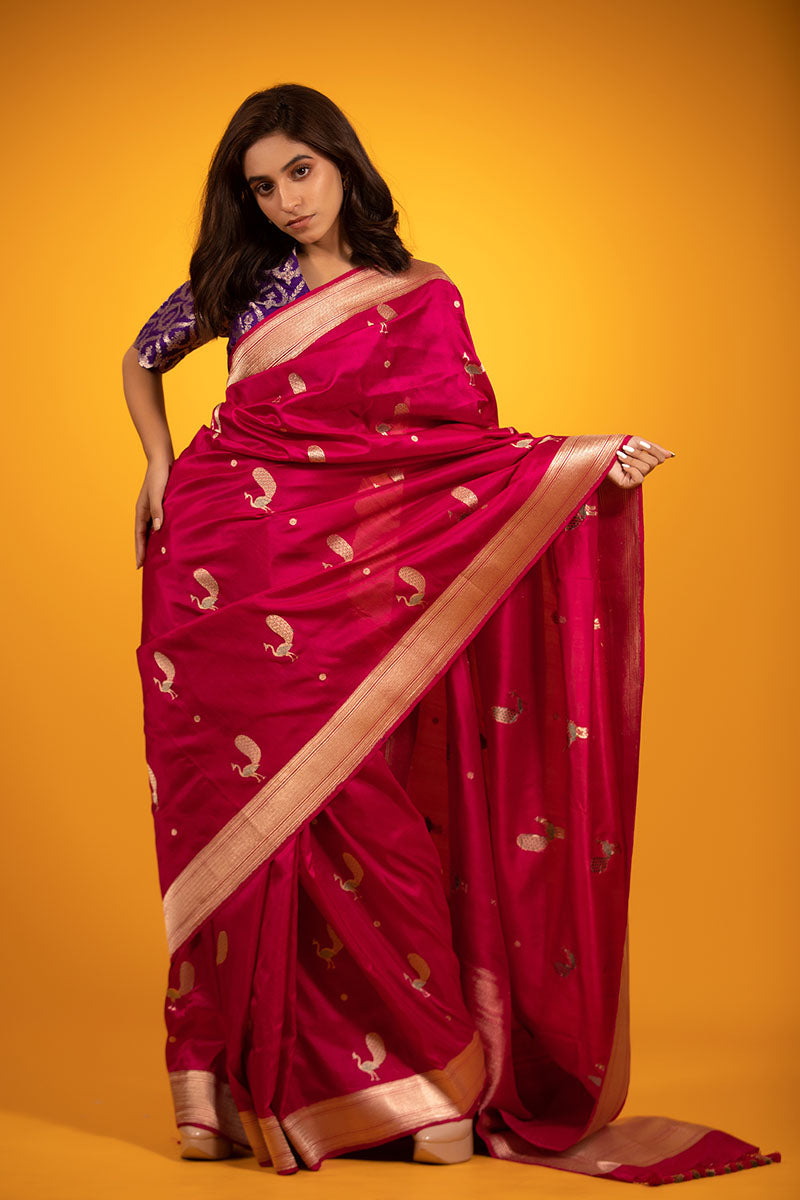 Magenta Pink Handwoven Katan Silk Saree - Chinaya Banaras