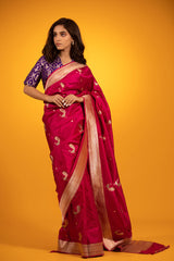 Women In Pink Handwoven Katan Silk Saree At Chinaya Banaras