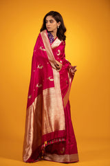 Magenta Pink Handwoven Katan Silk Saree - Chinaya Banaras