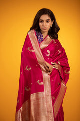 Magenta Pink Handwoven Katan Silk Saree - Chinaya Banaras