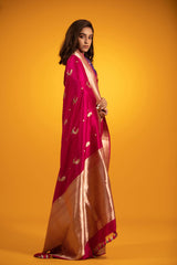 Magenta Pink Handwoven Katan Silk Saree - Chinaya Banaras