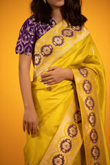 Neon Yellow Ethnic Handwoven Banarasi Satin Silk Saree