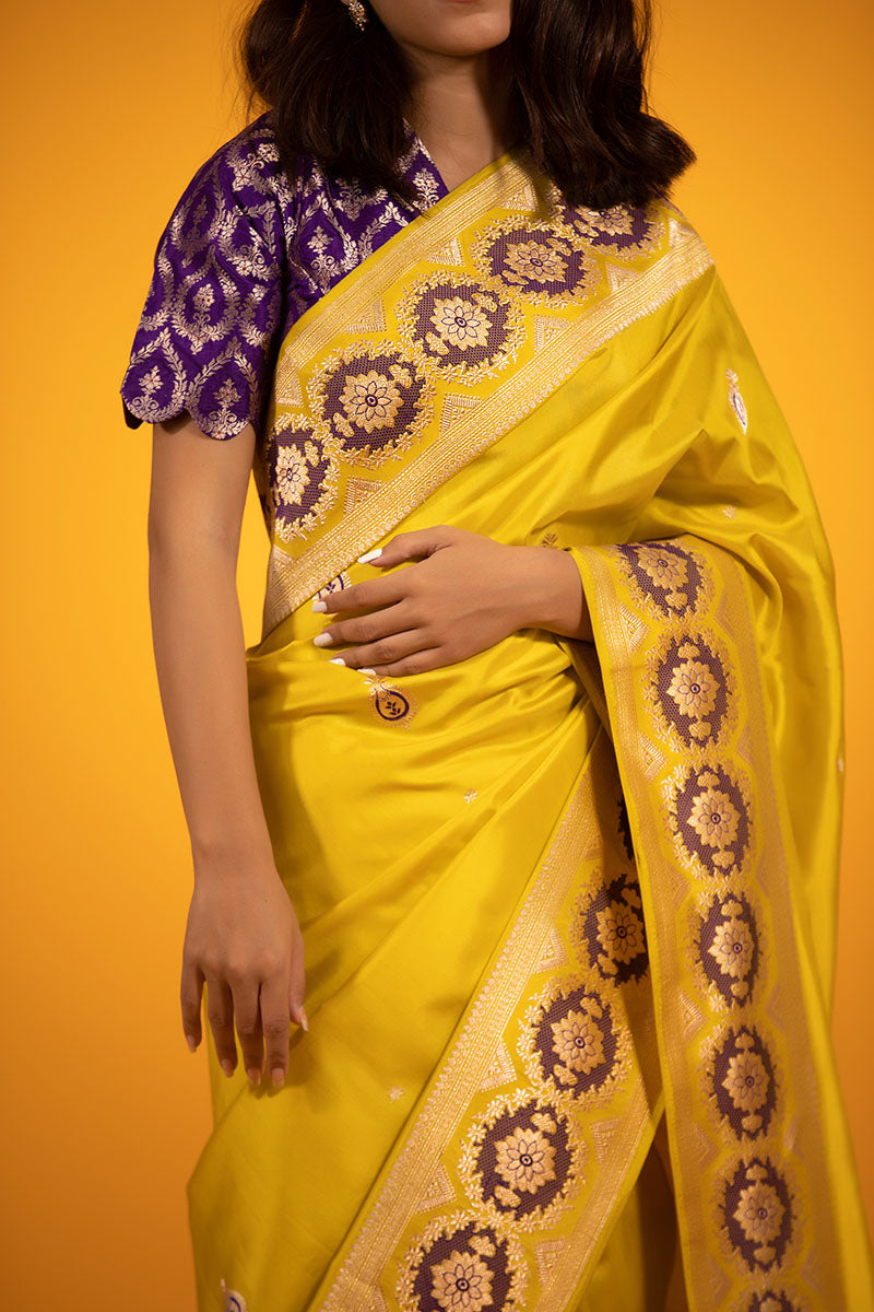 Neon Yellow Ethnic Handwoven Banarasi Satin Silk Saree