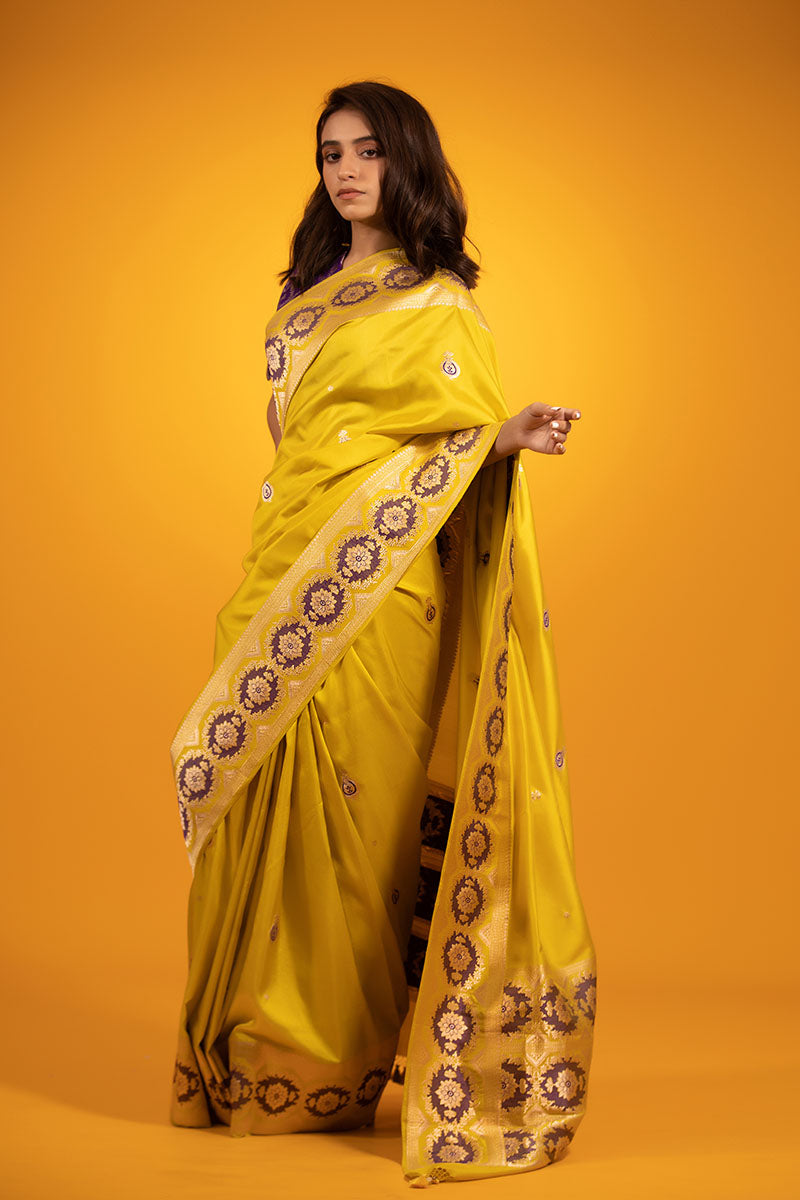 Neon Yellow Ethnic Handwoven Banarasi Satin Silk Saree - Chinaya Banaras