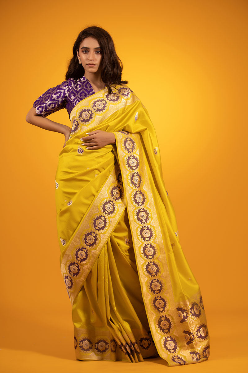 Neon Yellow Ethnic Handwoven Banarasi Satin Silk Saree