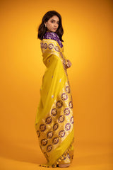 Neon Yellow Ethnic Handwoven Banarasi Satin Silk Saree