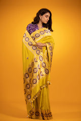 Neon Yellow Ethnic Handwoven Banarasi Satin Silk Saree - Chinaya Banaras