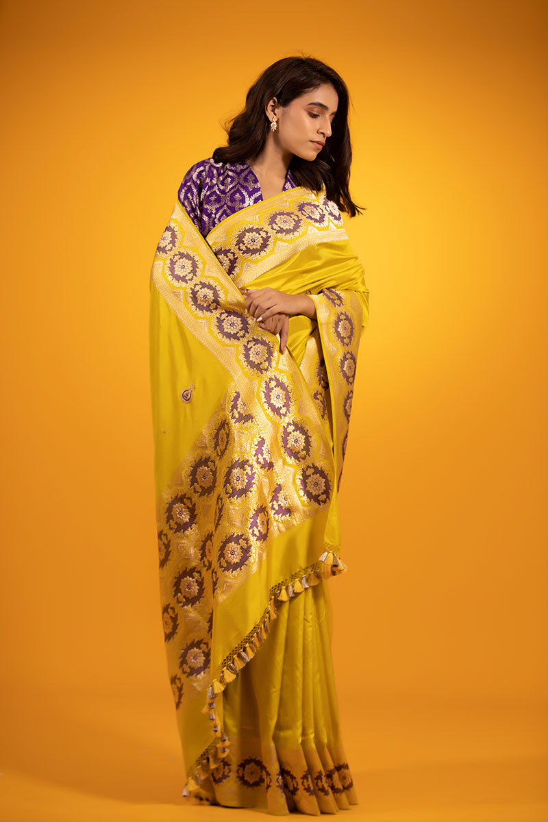 Neon Yellow Ethnic Handwoven Banarasi Satin Silk Saree - Chinaya Banaras