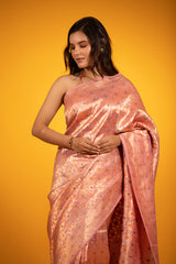 Rose Gold Meenakari Handwoven Banarasi Satin Silk Saree