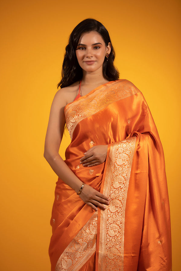 Coral Ethnic Handwoven Banarasi Satin Silk Saree - Chinaya Banaras