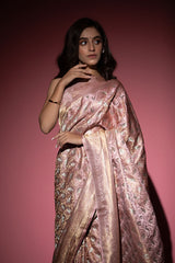 Pastel Pink Shikargah Handwoven Banarasi Satin Silk Saree - Chinaya Banaras