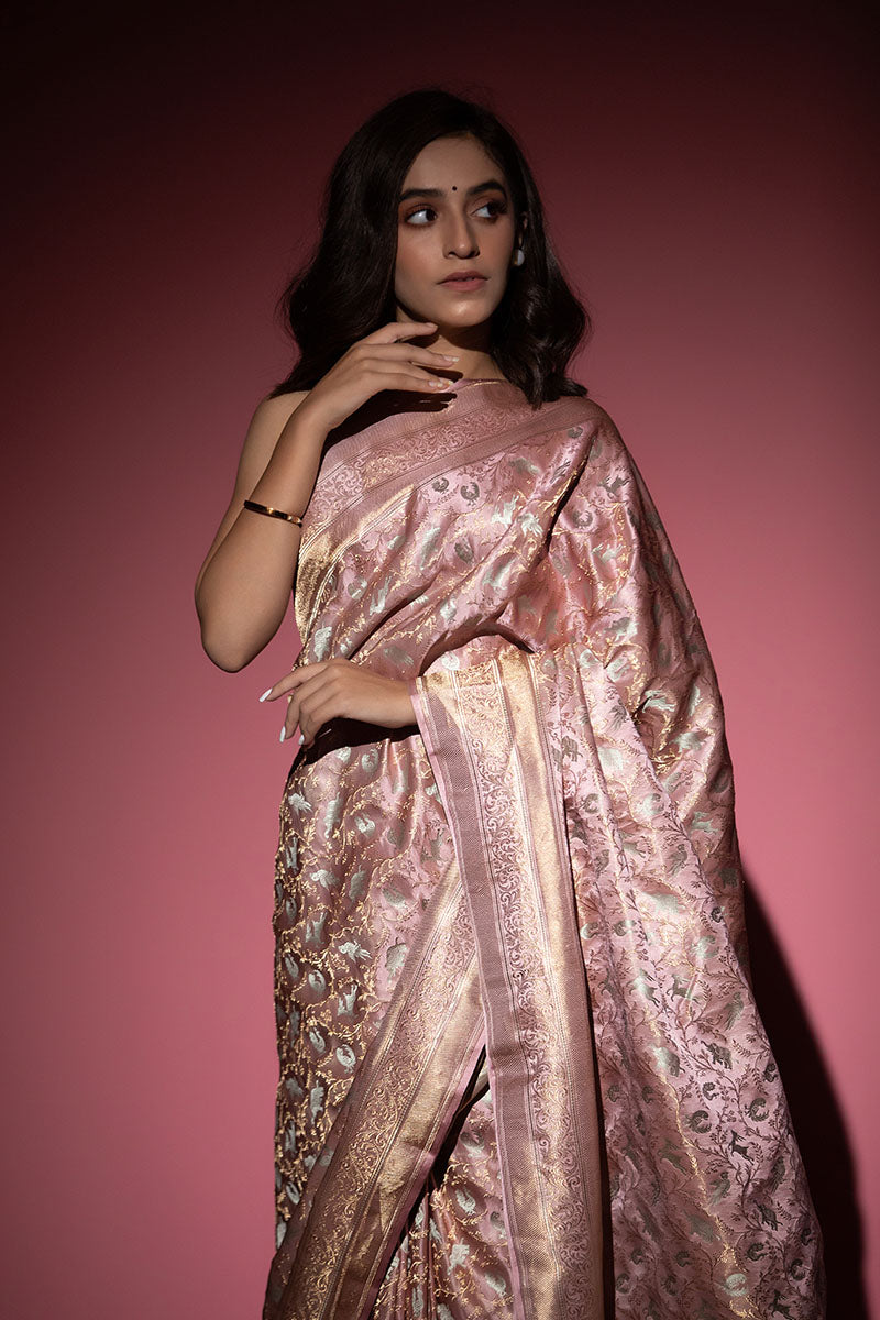 Pastel Pink Shikargah Handwoven Banarasi Satin Silk Saree - Chinaya Banaras