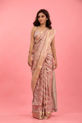 Pastel Pink Shikargah Handwoven Banarasi Satin Silk Saree - Chinaya Banaras