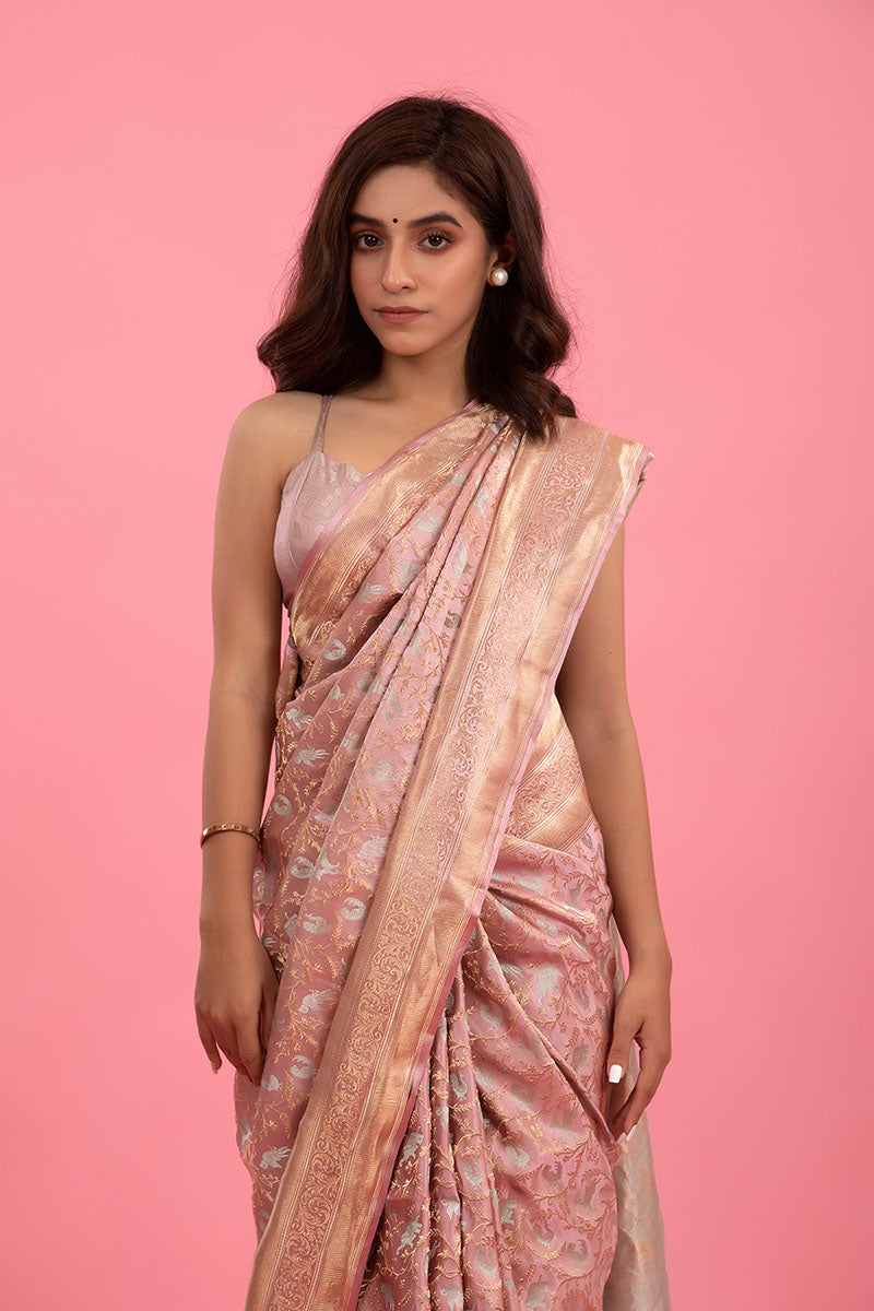 Pastel Pink Shikargah Handwoven Banarasi Satin Silk Saree - Chinaya Banaras