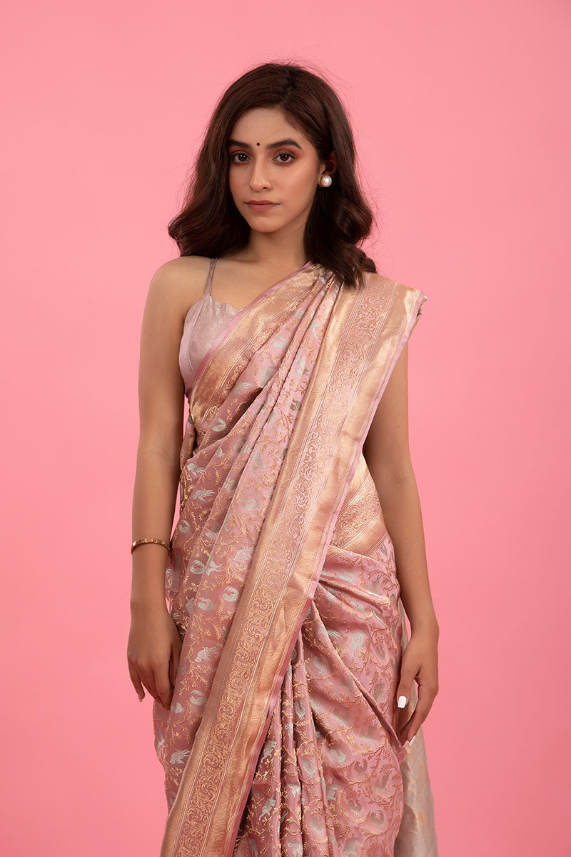 Pastel Pink Shikargah Handwoven Banarasi Satin Silk Saree