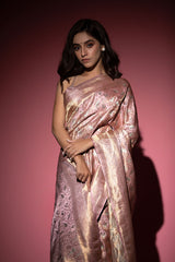 Pastel Pink Shikargah Handwoven Banarasi Satin Silk Saree - Chinaya Banaras