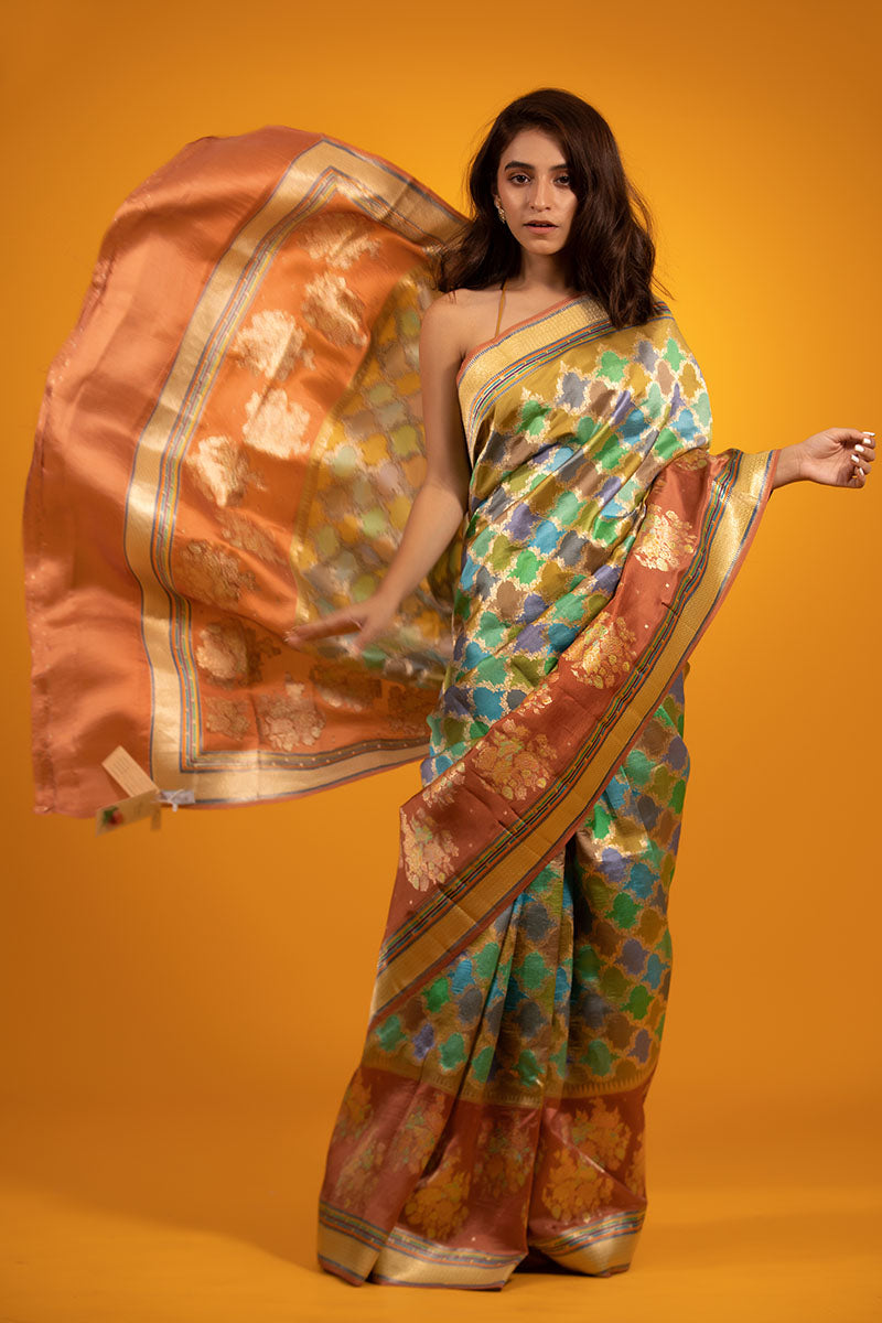 Rust Brown Rangkat Handwoven Banarasi Katan Silk Saree - Chinaya Banaras