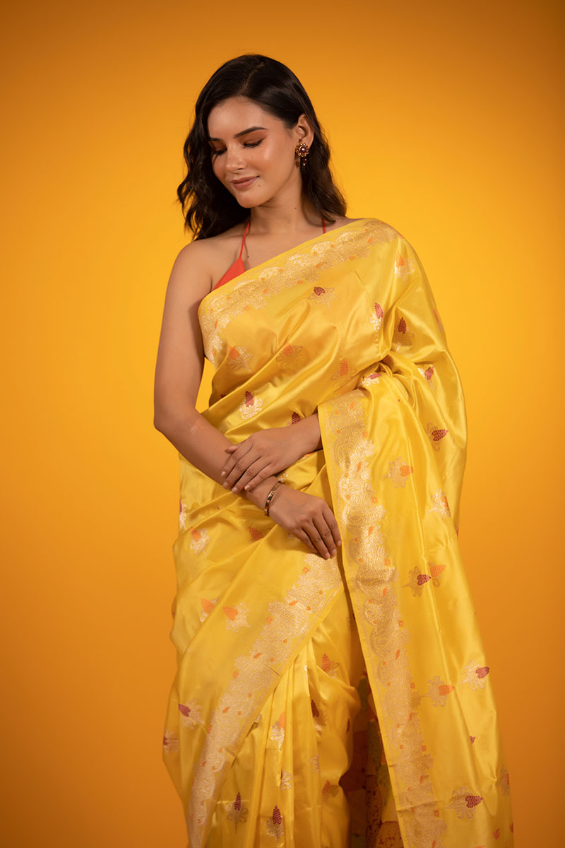 Light Yellow Kadhwa Woven Banarasi Katan Silk Saree - Chinaya Banaras