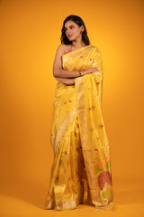 Light Yellow Kadhwa Woven Banarasi Katan Silk Saree - Chinaya Banaras