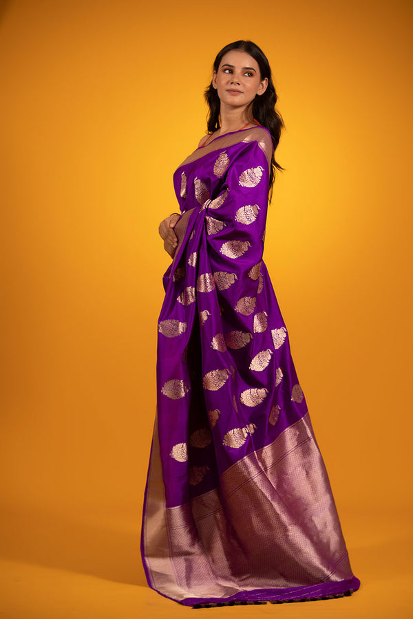 Women in Purple Banarasi Katan Silk Saree at Chinaya Banaras