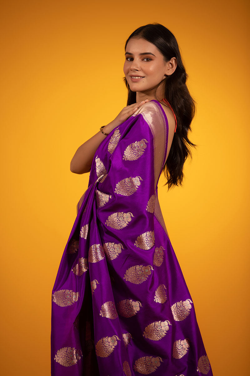 Women in Purple Banarasi Katan Silk Saree at Chinaya Banaras