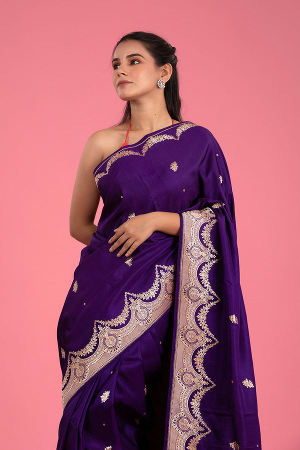 Deep Purple Ethnic Handwoven Banarasi Satin Silk Saree