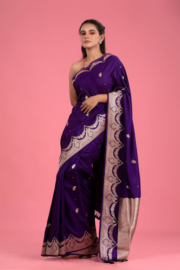 Women In Purple Ethnic Handwoven Banarasi Satin Silk Saree At Chinaya Banaras