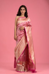 Banarasi Silk Saree, Banarasi saree, silk saree, pastel pink striped saree, wedding saree, party wear saree​ handloom saree