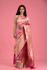 Pastel Pink Striped Woven Banarasi Katan Silk Saree