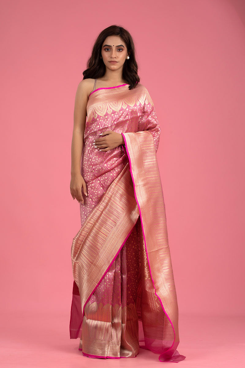 Banarasi Silk Saree, Banarasi saree, silk saree, pastel pink striped saree, wedding saree, party wear saree​ handloom saree