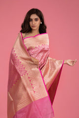 Pastel Pink Striped Woven Banarasi Katan Silk Saree - Chinaya Banaras