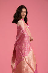 Pastel Pink Striped Woven Banarasi Katan Silk Saree - Chinaya Banaras