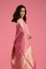 Pastel Pink Striped Woven Banarasi Katan Silk Saree