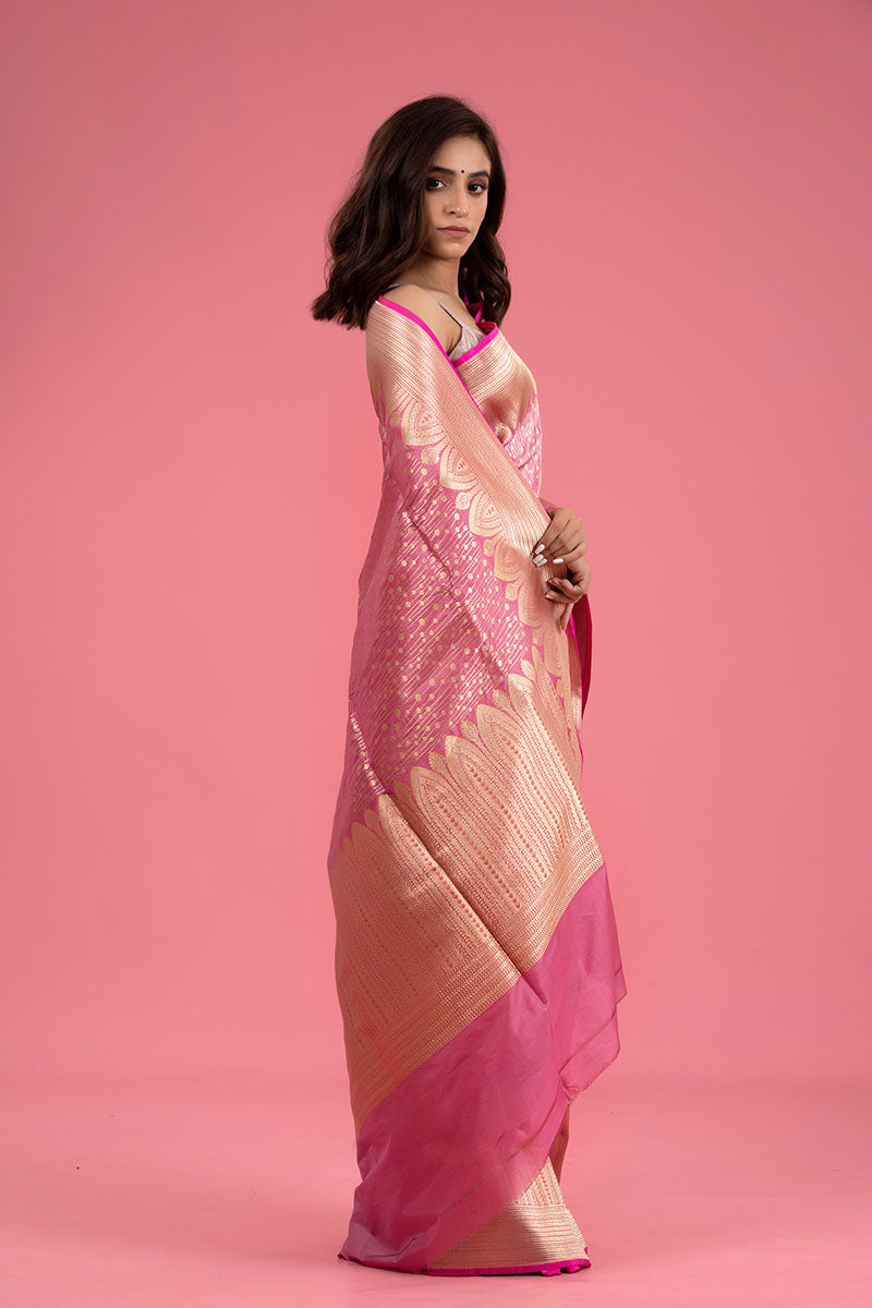 Pastel Pink Striped Woven Banarasi Katan Silk Saree - Chinaya Banaras