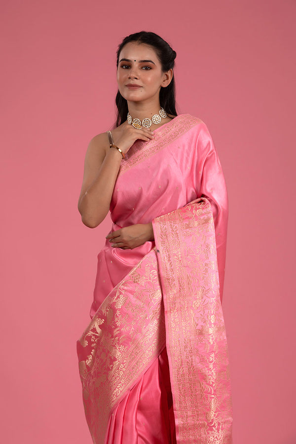 Rose Pink Ethnic Handwoven Banarasi Satin Silk Saree - Chinaya Banaras