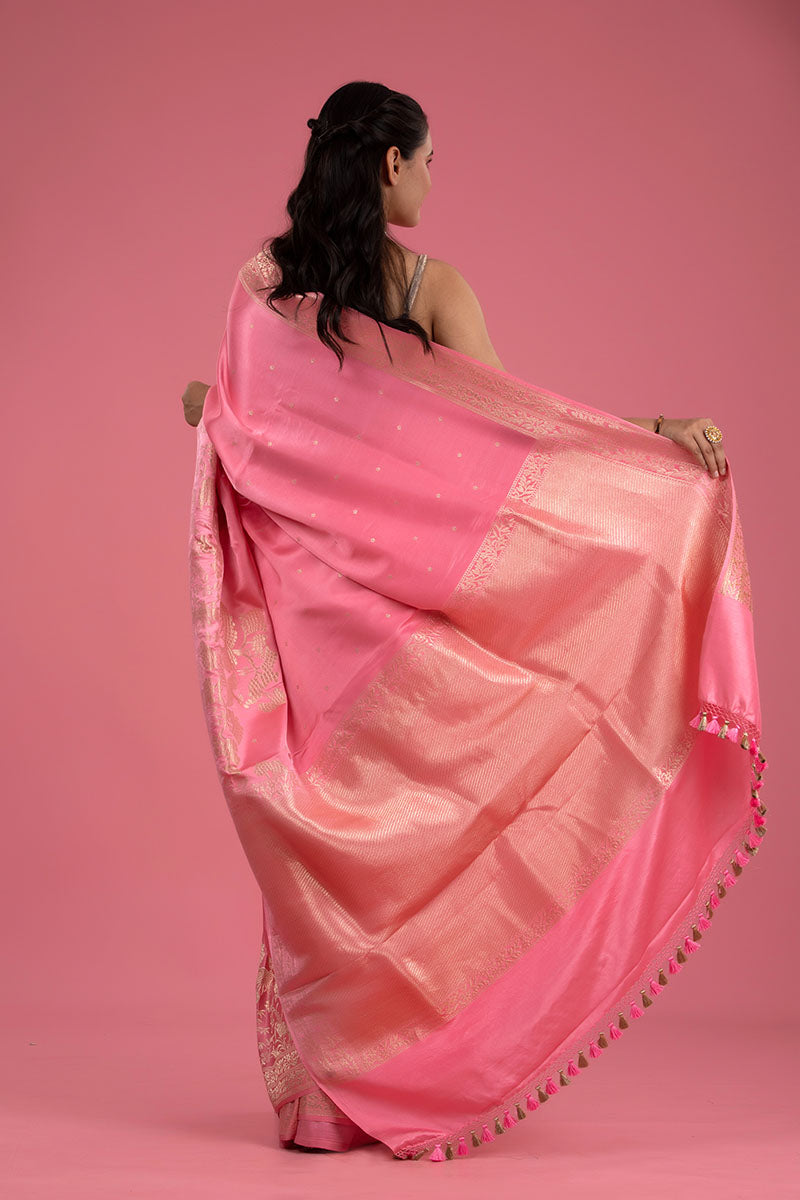 Rose Pink Ethnic Handwoven Banarasi Satin Silk Saree