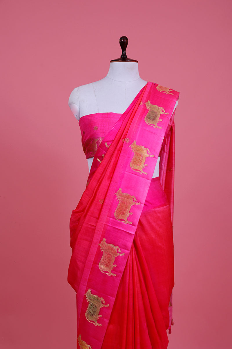 Fuscia Pink Pichwai Handwoven Banarasi Silk Saree - Chinaya Banaras