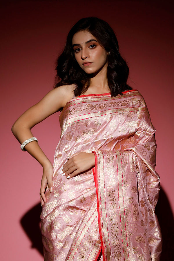 Glam Pink Ethnic Handwoven Banarasi Katan Silk Saree