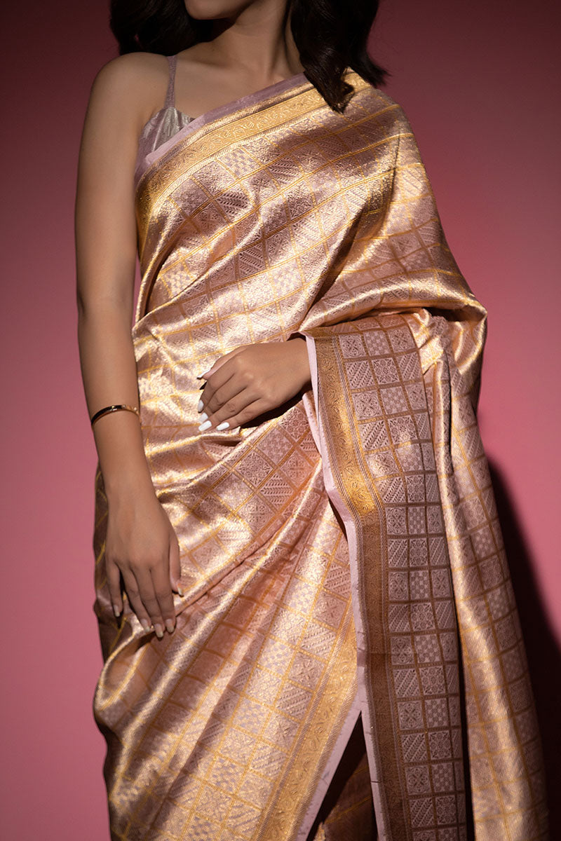 Gold Geometrical Handwoven Banarasi Satin Silk Saree