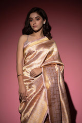 Gold Geometrical Handwoven Banarasi Satin Silk Saree - Chinaya Banaras