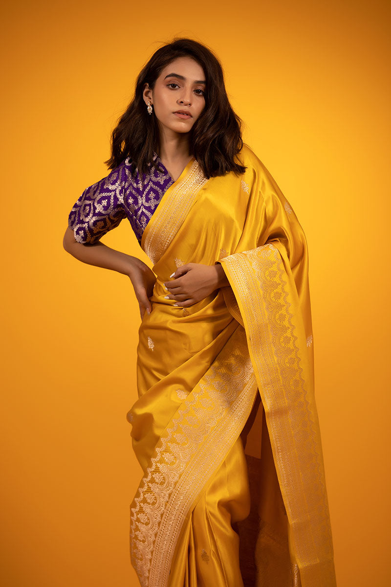 Golden Yellow Ethnic Handwoven Banarasi Satin Silk Saree - Chinaya Banaras